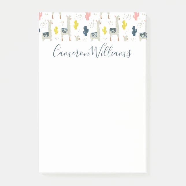Add Your Name | Cactus & Llamas Pattern Post-it Notes (Front)