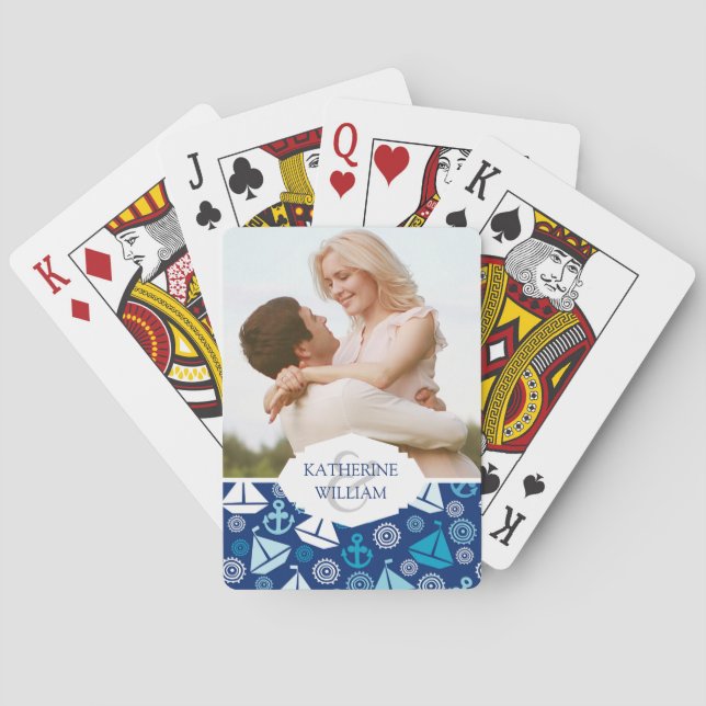 Add Your Name | Cartoon Pattern With Sailboats Poker Cards (Back)