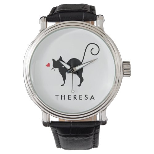 Add  your name Cat silhouette with heart Watch