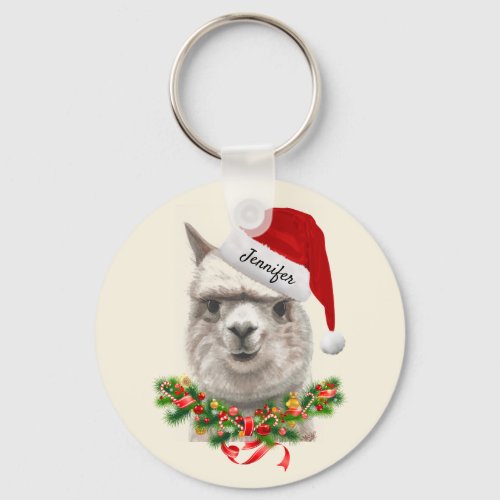 Add your name Christmas Santa Llama Keychain