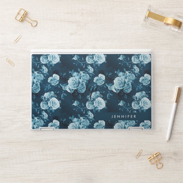 Add Your Name | Classic Blue Rose Pattern HP Laptop Skin (Desk)