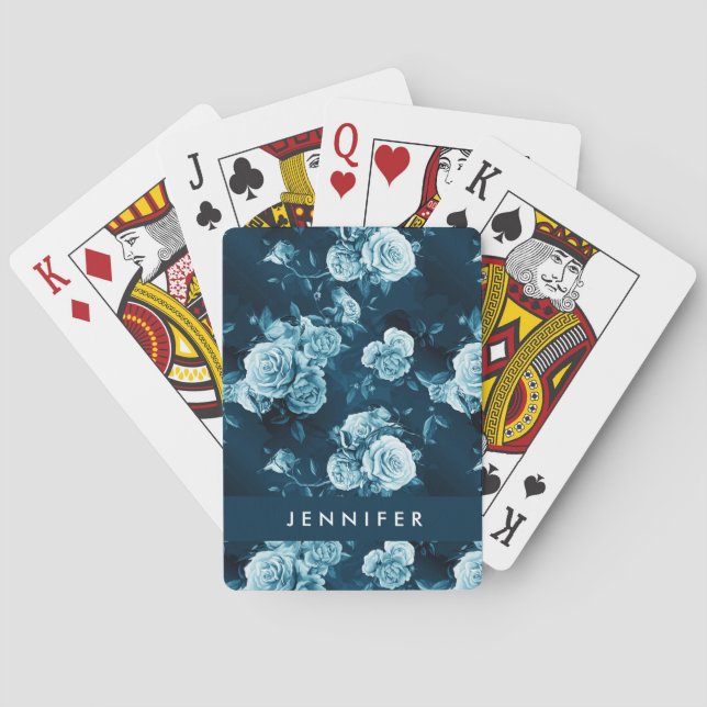 Add Your Name | Classic Blue Rose Pattern Poker Cards (Back)