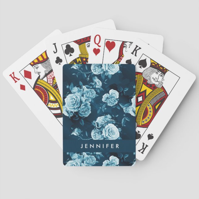 Add Your Name | Classic Blue Rose Pattern Poker Cards (Back)
