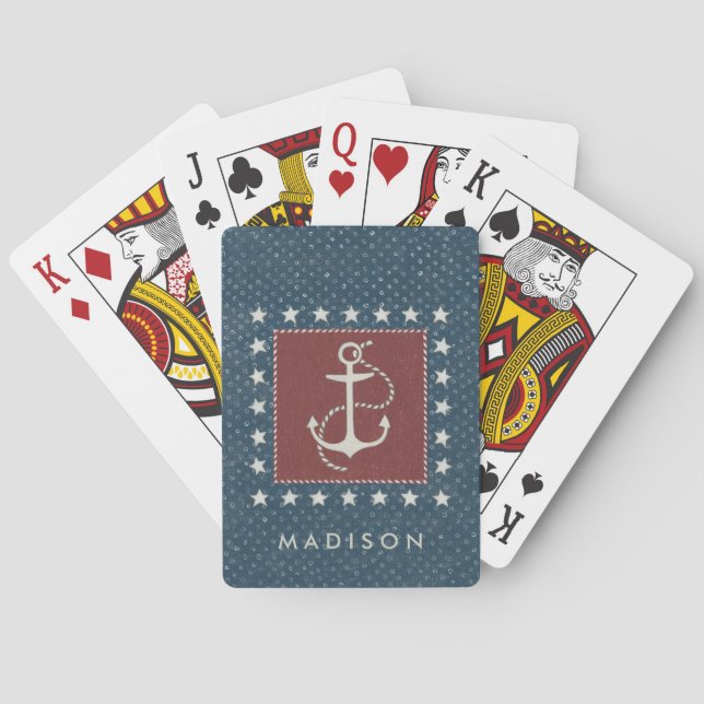 Add Your Name | Coastal Art | Anchor on Red Poker Cards (Back)