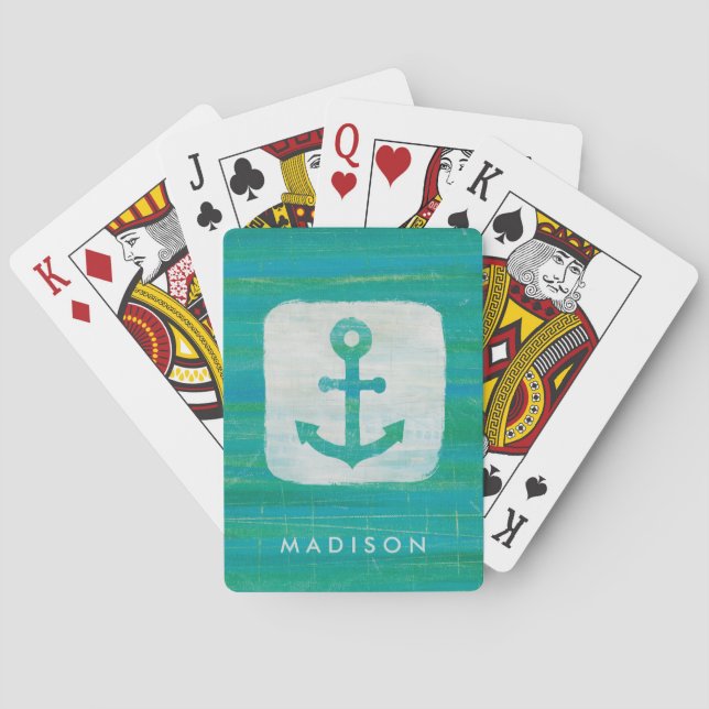 Add Your Name | Coastal Art | Aqua Anchor Poker Cards (Back)