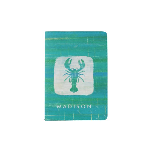 Add Your Name | Coastal Art | Aqua Lobster Passport Holder (Front)