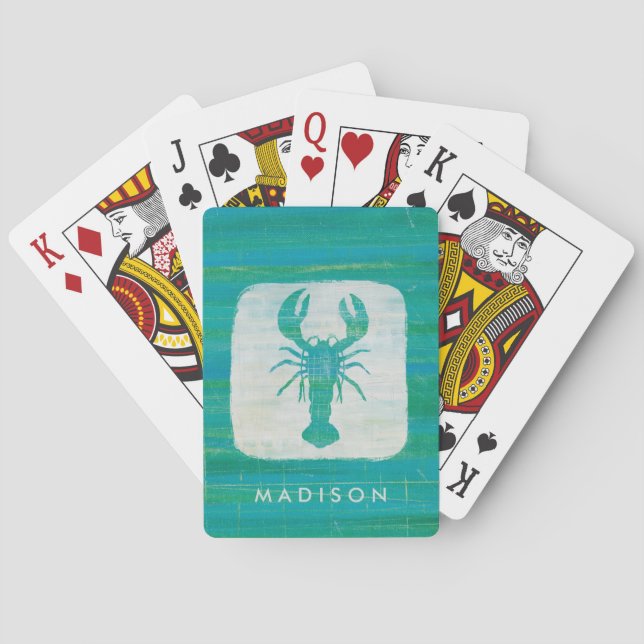 Add Your Name | Coastal Art | Aqua Lobster Poker Cards (Back)