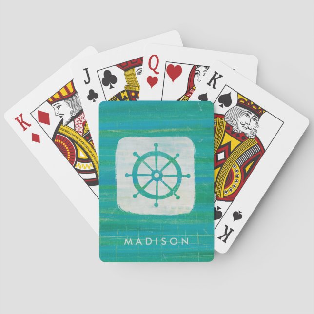 Add Your Name | Coastal Art | Aqua Steering Wheel Poker Cards (Back)