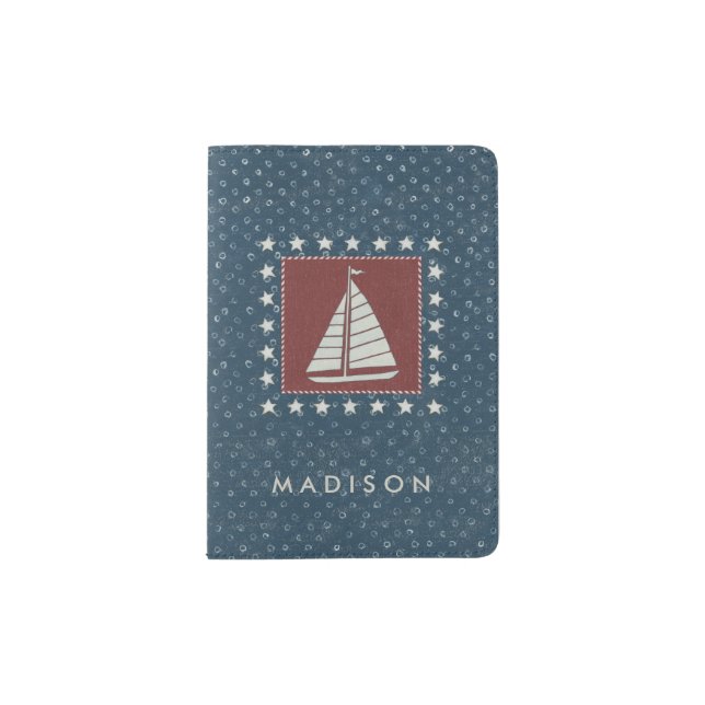 Add Your Name | Coastal Art | Sailboat on Red Passport Holder (Front)