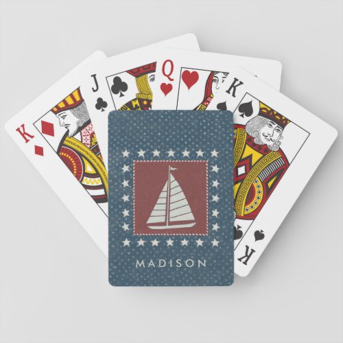 Add Your Name  Coastal Art  Sailboat on Red Playing Cards