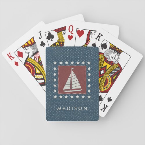 Add Your Name  Coastal Art  Sailboat on Red Playing Cards