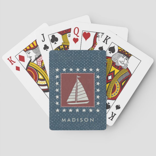 Add Your Name | Coastal Art | Sailboat on Red Poker Cards (Back)