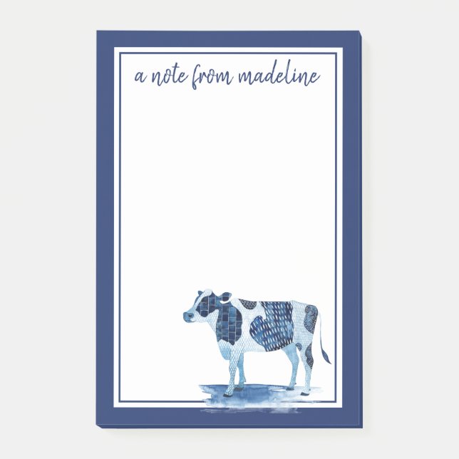 Add Your Name | Cobalt Blue Farm Animals - Cow Post-it Notes (Front)