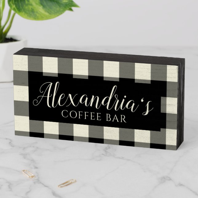 Add Your Name Coffee Bar Buffalo Check Wooden Box Sign (In Situ Horizontal)
