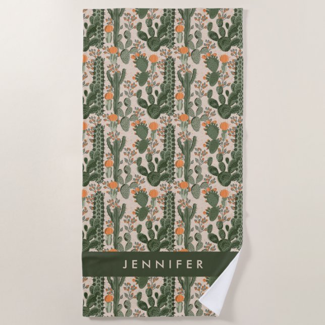 Add Your Name | Colorful Cactus Pattern Beach Towel (Front)
