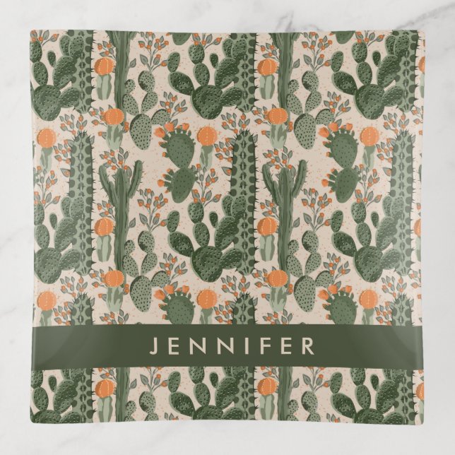 Add Your Name | Colorful Cactus Pattern Trinket Tray (Front)