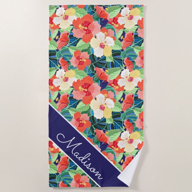 Add Your Name | Colorful Hibiscus Pattern Beach Towel (Front)