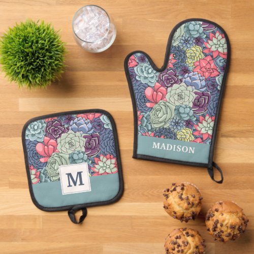 Add Your Name  Colorful Succulent Pattern Oven Mitt  Pot Holder Set