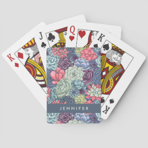 Add Your Name Colorful Succulent Pattern Poker Cards
