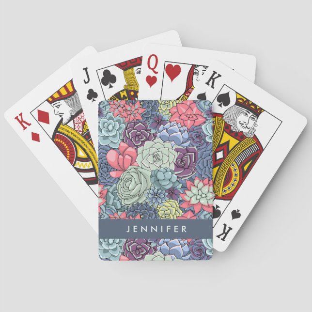 Add Your Name | Colorful Succulent Pattern Poker Cards (Back)
