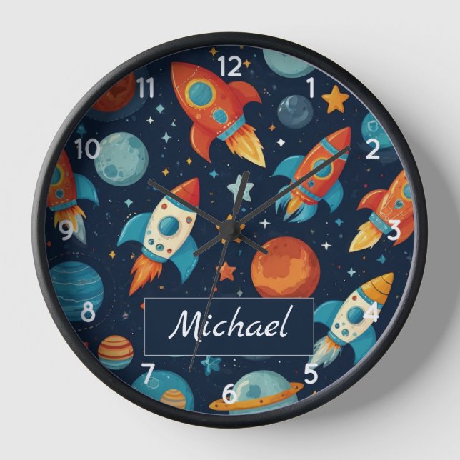 Add Your Name Cool Rocket Ship Space and Planets Clock (Front)