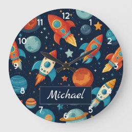 Add Your Name Cool Rocket Ship Space and Planets Large Clock