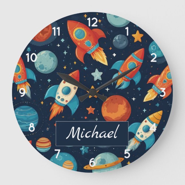 Add Your Name Cool Rocket Ship Space and Planets Large Clock (Front)