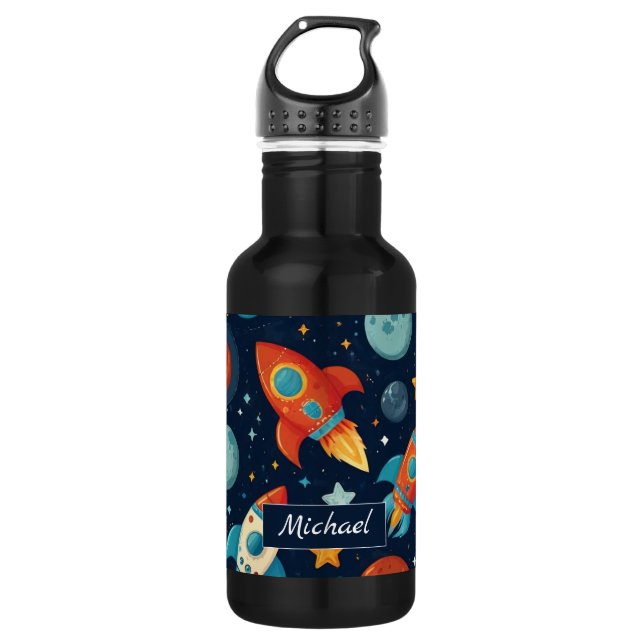 Add Your Name Cool Rocket Ship Space and Planets Stainless Steel Water Bottle (Front)