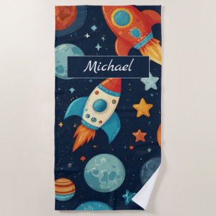Add Your Name Cool Rocket Space and Planets Beach Towel