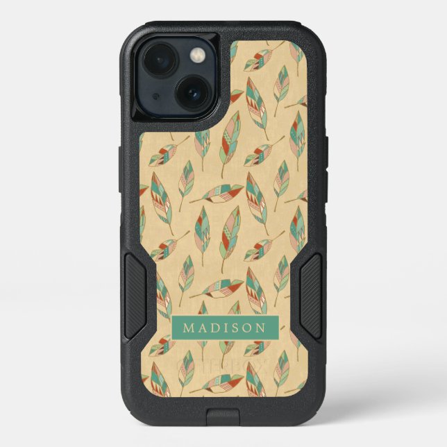 Add Your Name | Coral Feather Pattern Otterbox iPhone Case (Back)