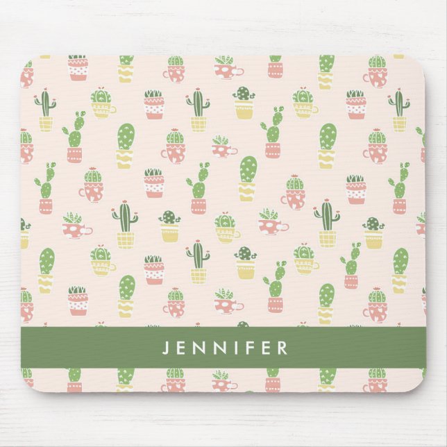 Add Your Name | Cute Cactus Pattern Mouse Pad (Front)