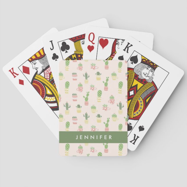 Add Your Name | Cute Cactus Pattern Poker Cards (Back)