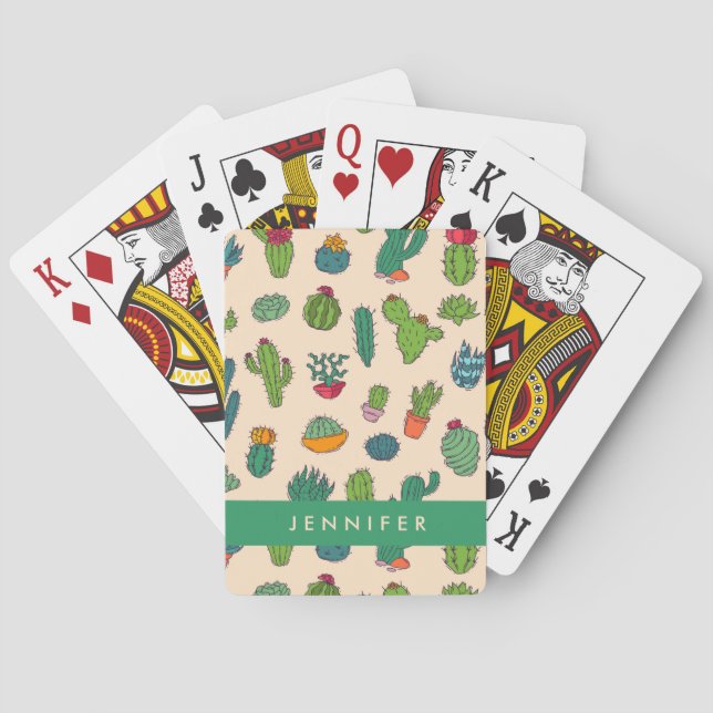 Add Your Name | Cute Cactus Standing Pattern Poker Cards (Back)