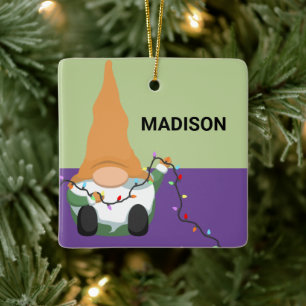 ADD YOUR NAME   Cute Christmas Gnome Ceramic Ornam Ornament