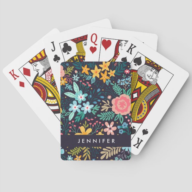 Add Your Name | Cute Colorful Floral Pattern Poker Cards (Back)