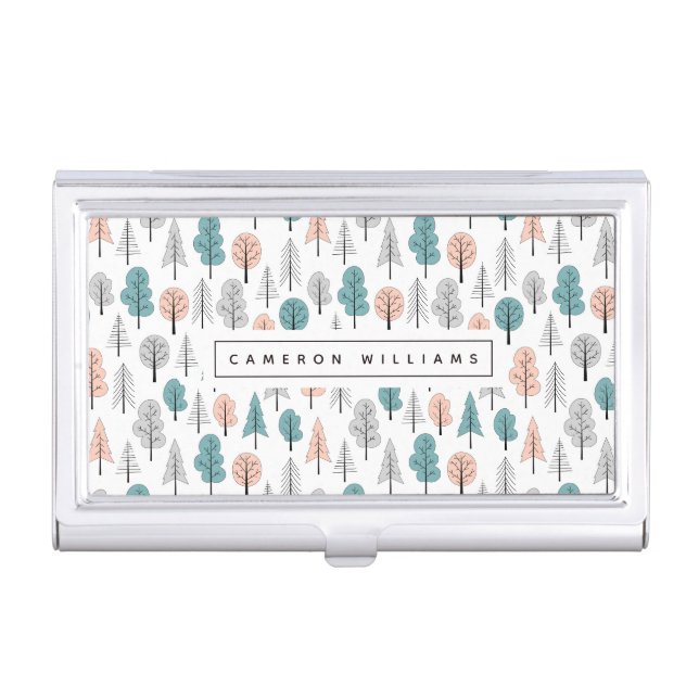 Add Your Name | Cute Doodle Forest Pattern Business Card Case (Front)