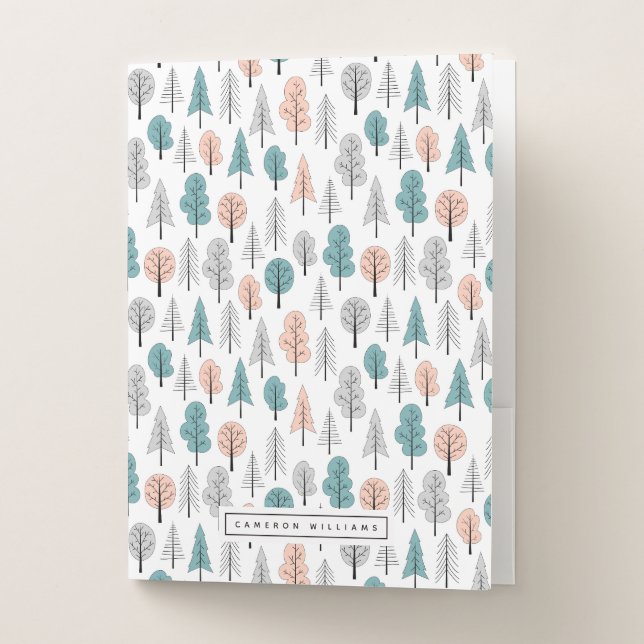 Add Your Name | Cute Doodle Forest Pattern Pocket Folder (Front)