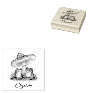 Add Your Name Cute Frog and Mushrooms   Rubber Stamp