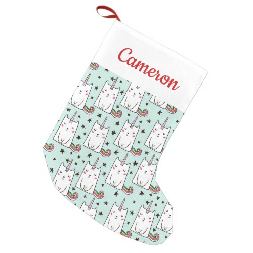 Add Your Name  Cute Hand Drawn Unicorn Cat Small Christmas Stocking