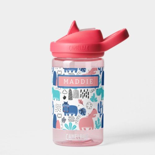 ADD YOUR NAME  Cute Hippo Pattern Water Bottle