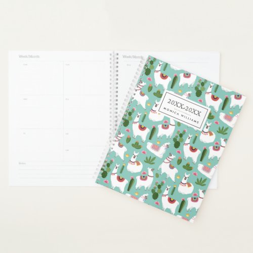 Add Your Name  Cute Llamas On Teal Pattern Planner