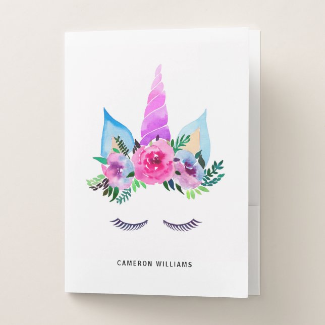 Add Your Name | Cute Magical Unicorn Face Pocket Folder (Front)