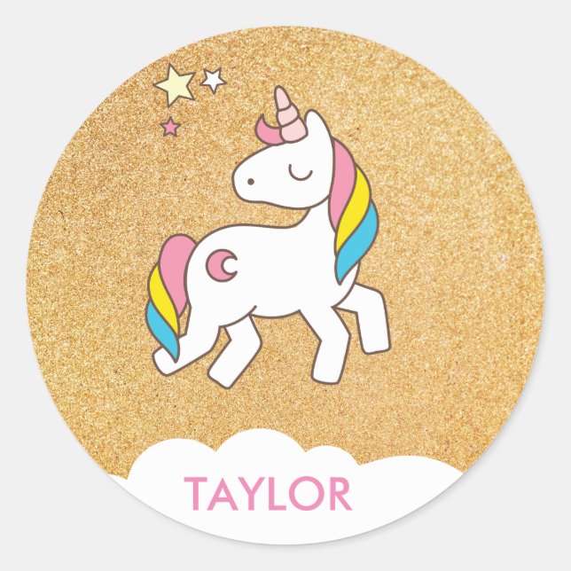 Add Your Name Cute Magical Unicorn Personalized Classic Round Sticker (Front)