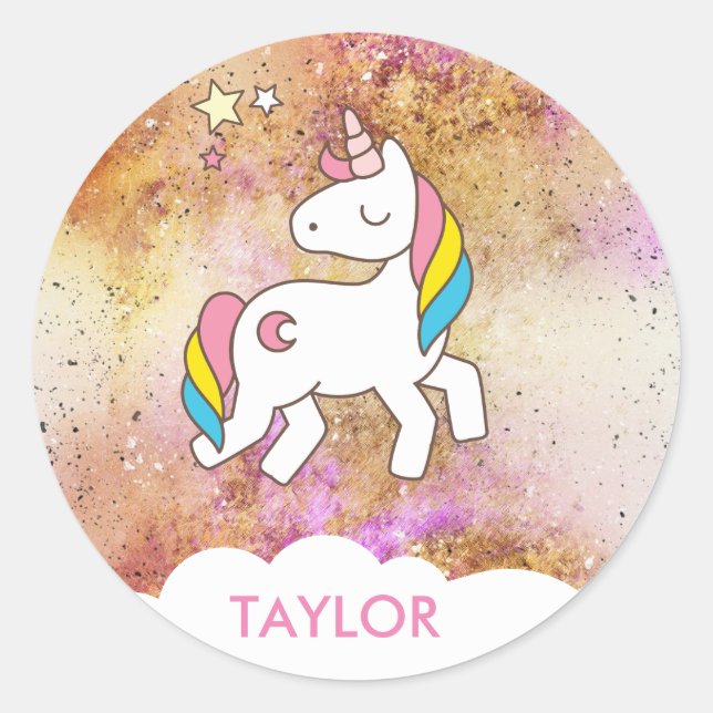 Add Your Name Cute Magical Unicorn Personalized Classic Round Sticker (Front)