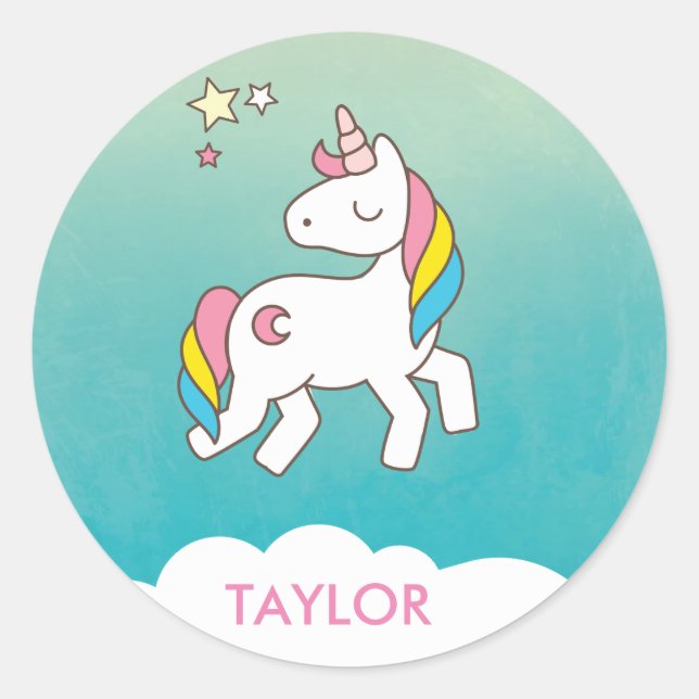 Add Your Name Cute Magical Unicorn Personalized Classic Round Sticker (Front)