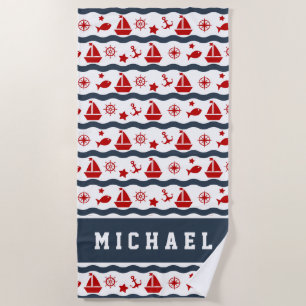 Add Your Name   Cute Maritime Pattern Beach Towel