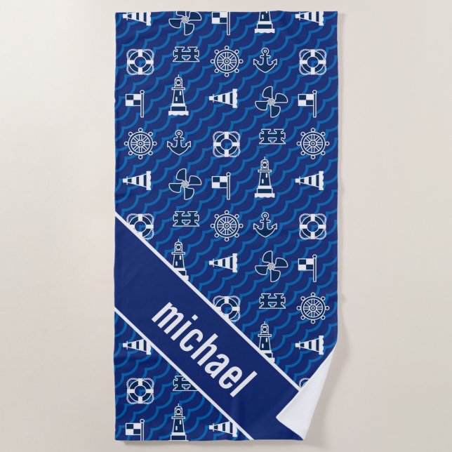 Add Your Name | Cute Nautical Waves Pattern Beach Towel (Front)