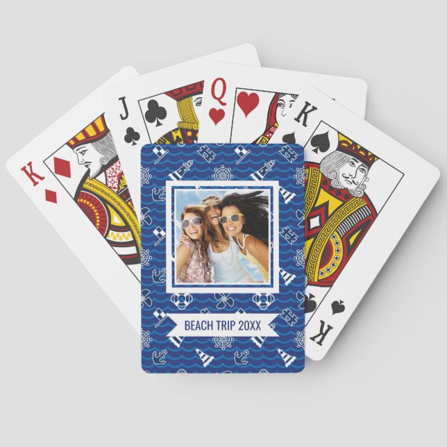 Add Your Name | Cute Nautical Waves Pattern Poker Cards (Back)