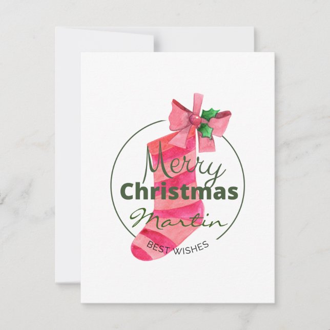 Add your name cute pink Christmas sock script chic Note Card (Front)