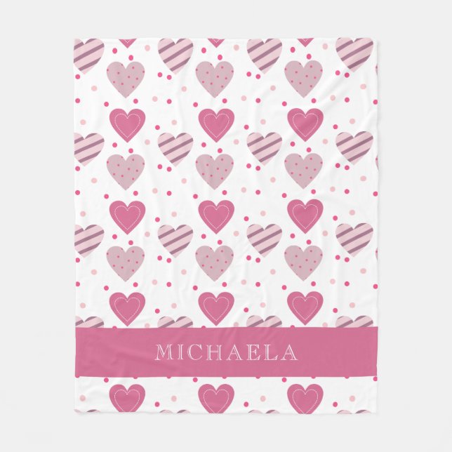 Add your Name Cute Pink Hearts Pattern Baby Girl Fleece Blanket (Front)